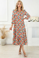 Multicolor Abstract Geometric Print Long Sleeve High Waist Dress