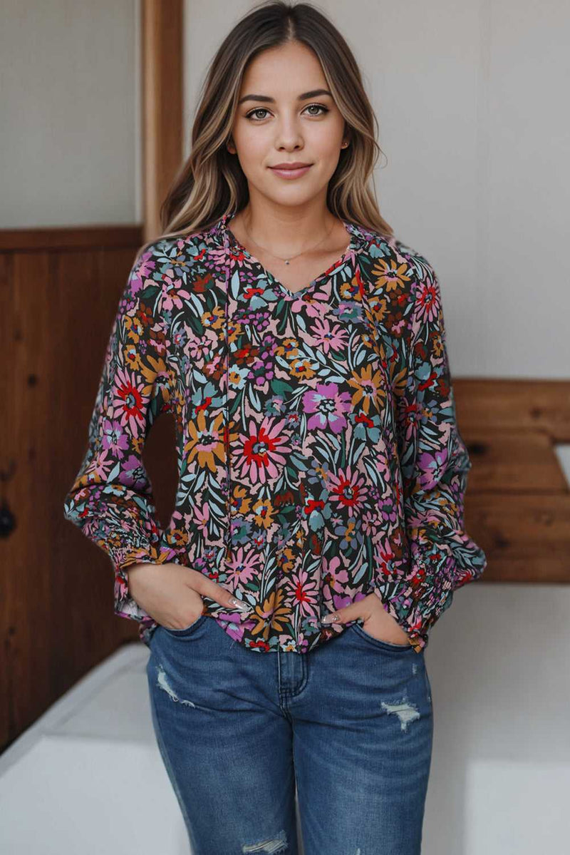 Multicolor Floral Print Ruffled Long Sleeve V-Neck Blouse