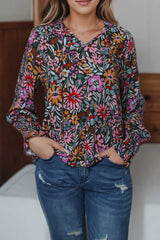 Multicolor Floral Print Ruffled Long Sleeve V-Neck Blouse