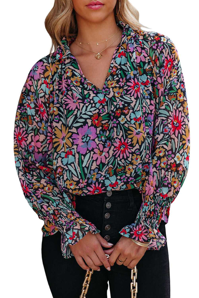 Multicolor Floral Print Ruffled Long Sleeve V-Neck Blouse