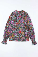 Multicolor Floral Print Ruffled Long Sleeve V-Neck Blouse