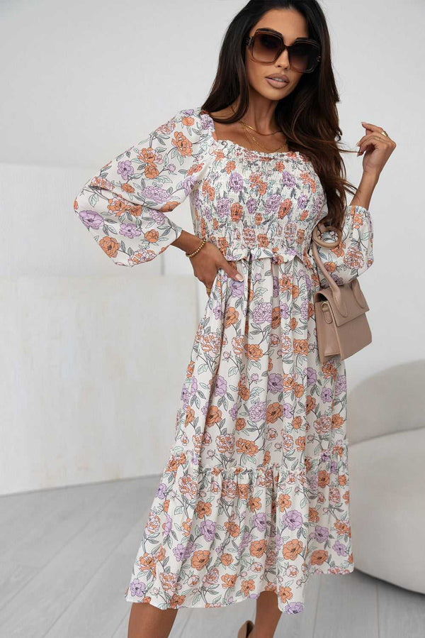 Multicolor Floral Smocked Long Sleeve Pocketed Dress - Absolute fashion 2020