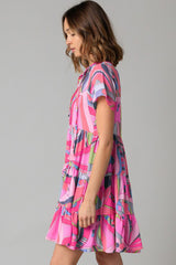 Pink Abstract Geometric Print Tassel Tie Flared Dress