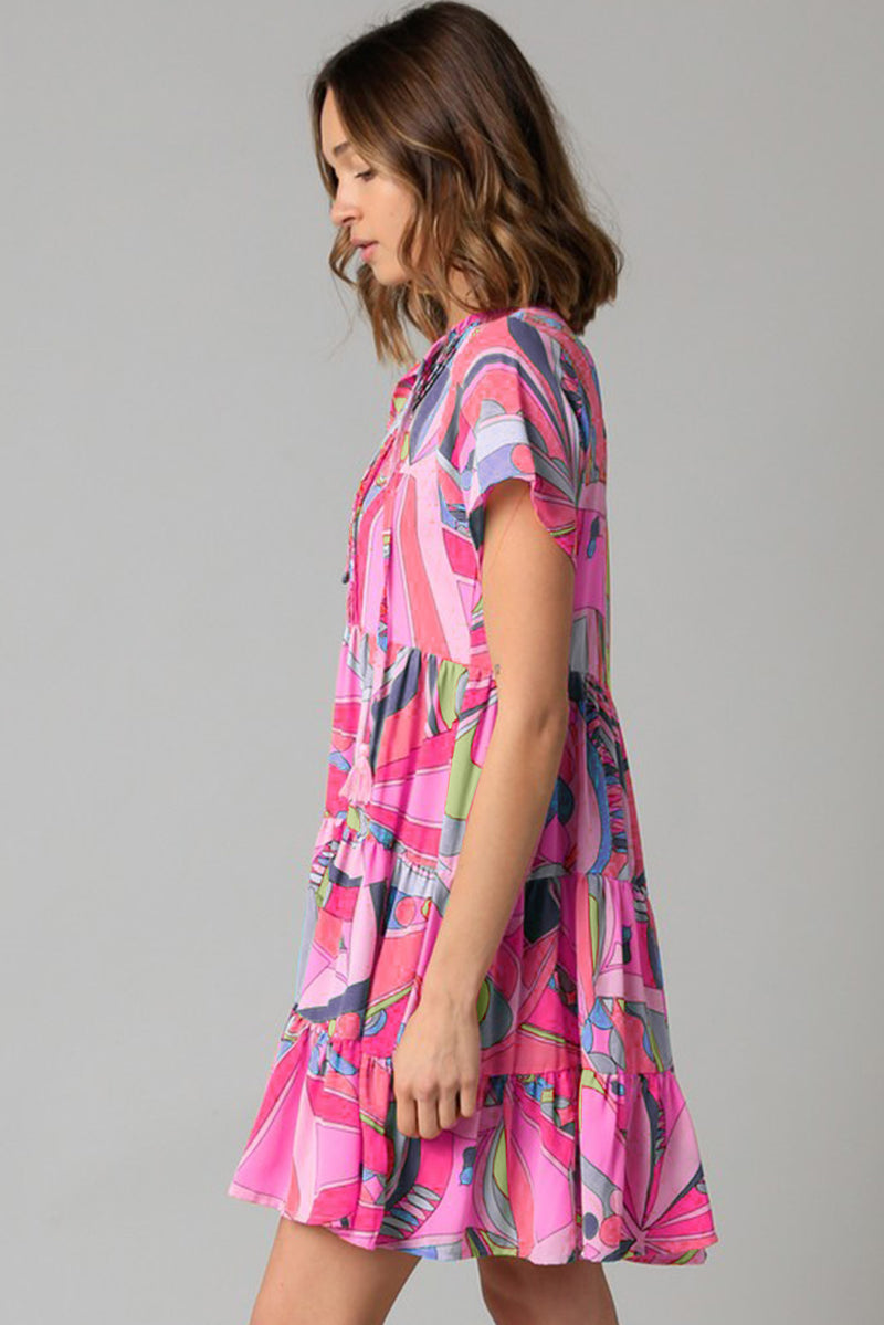 Pink Abstract Geometric Print Tassel Tie Flared Dress