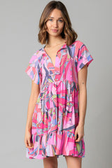 Pink Abstract Geometric Print Tassel Tie Flared Dress