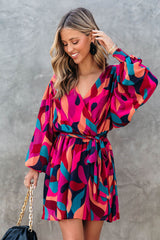 Red Abstract Printed Belted Puff Sleeve Mini Dress