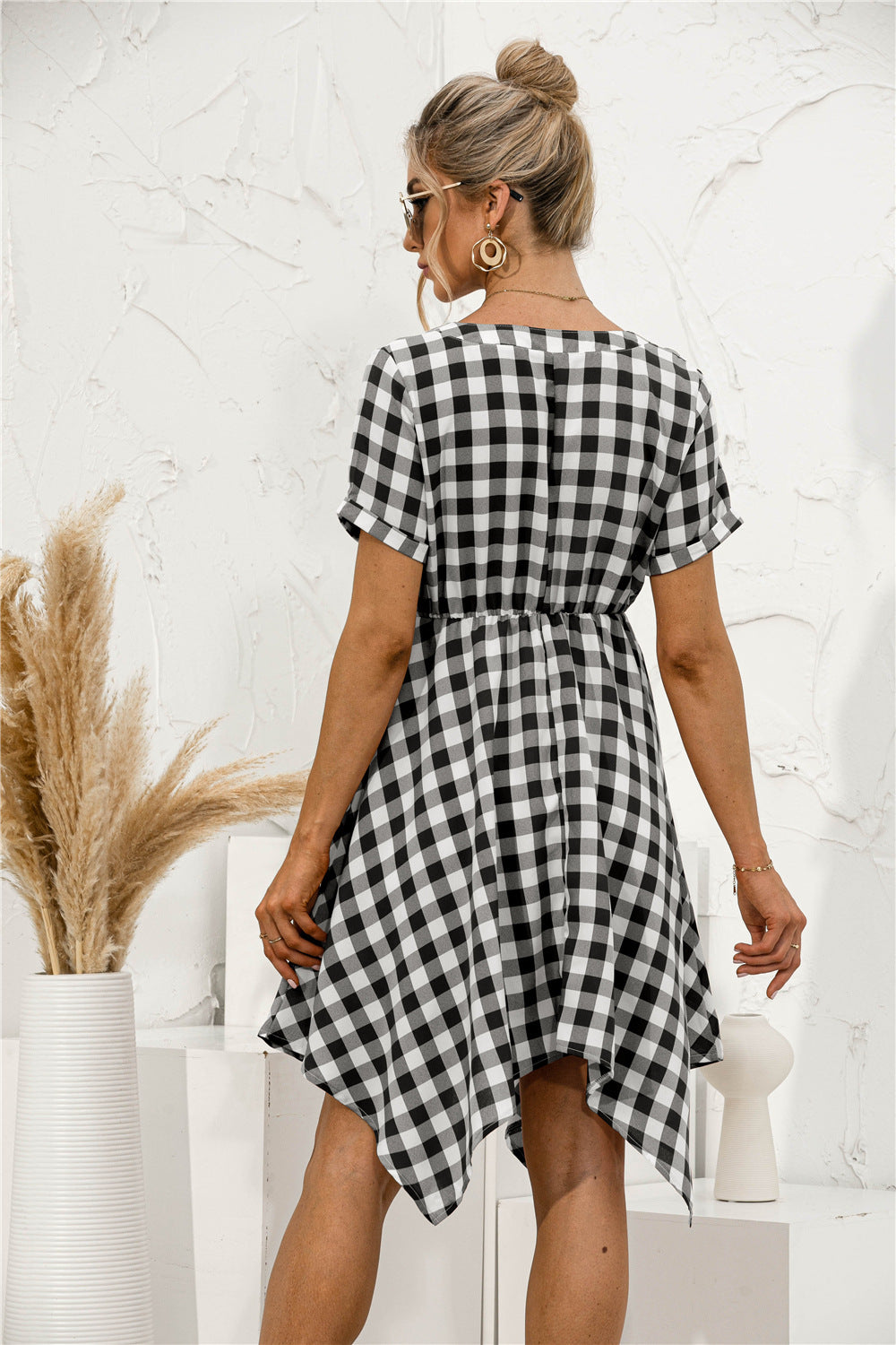 Plaid V-Neck Asymmetrical Trim Dress - Absolute Fashion 2020