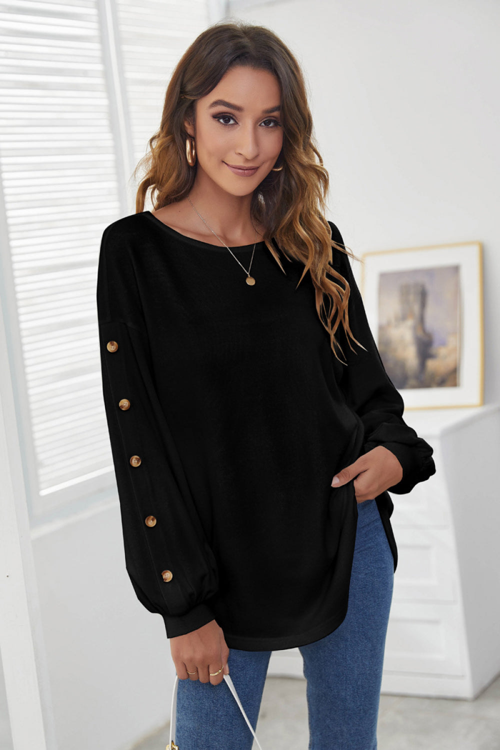 Boat Neck Long Puff Sleeve Top