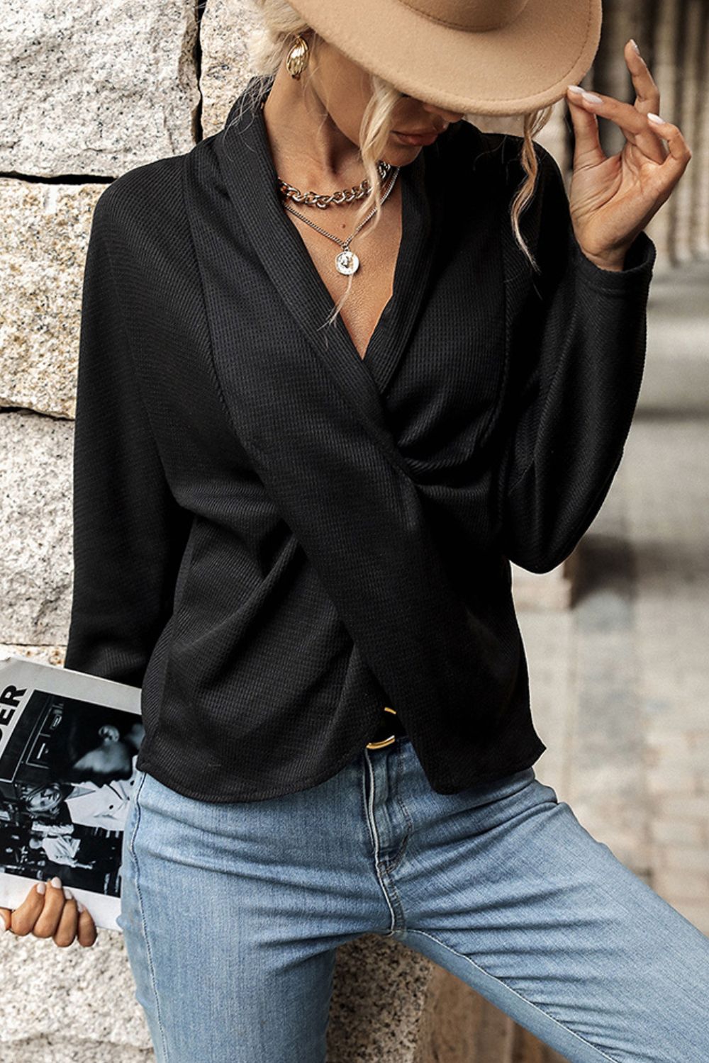 Crisscorss Shawl Collar Long Sleeve Top