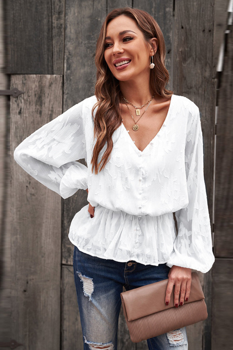 Floral Jacquard Buttoned Long Sleeve Blouse - Absolute Fashion 2020