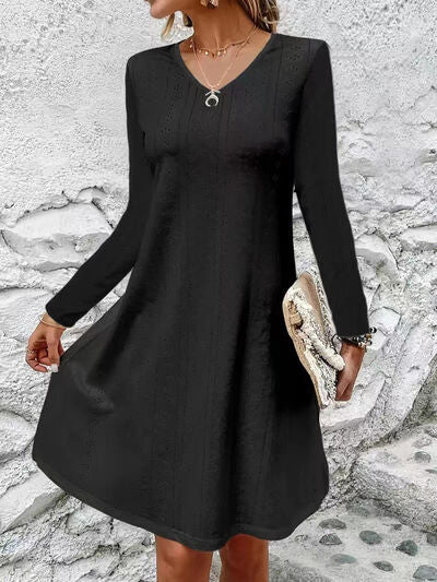 Eyelet V-Neck Long Sleeve Mini Dress - Absolute fashion 2020