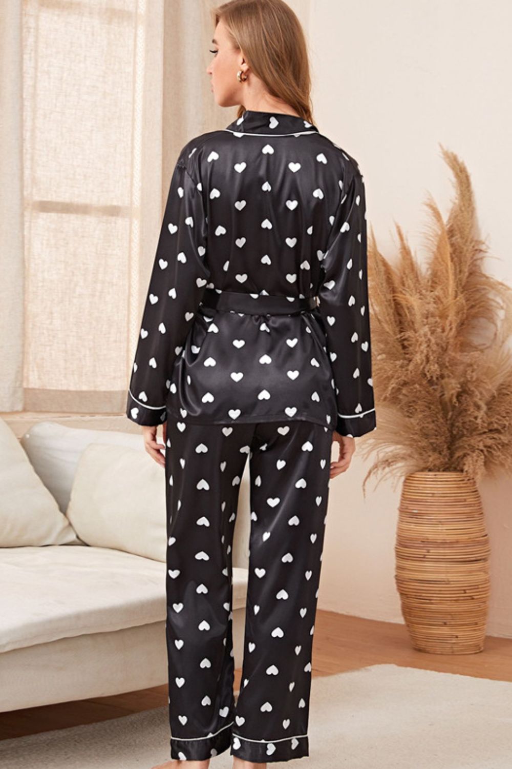 Heart Print Belted Top and Pants Pajama Set