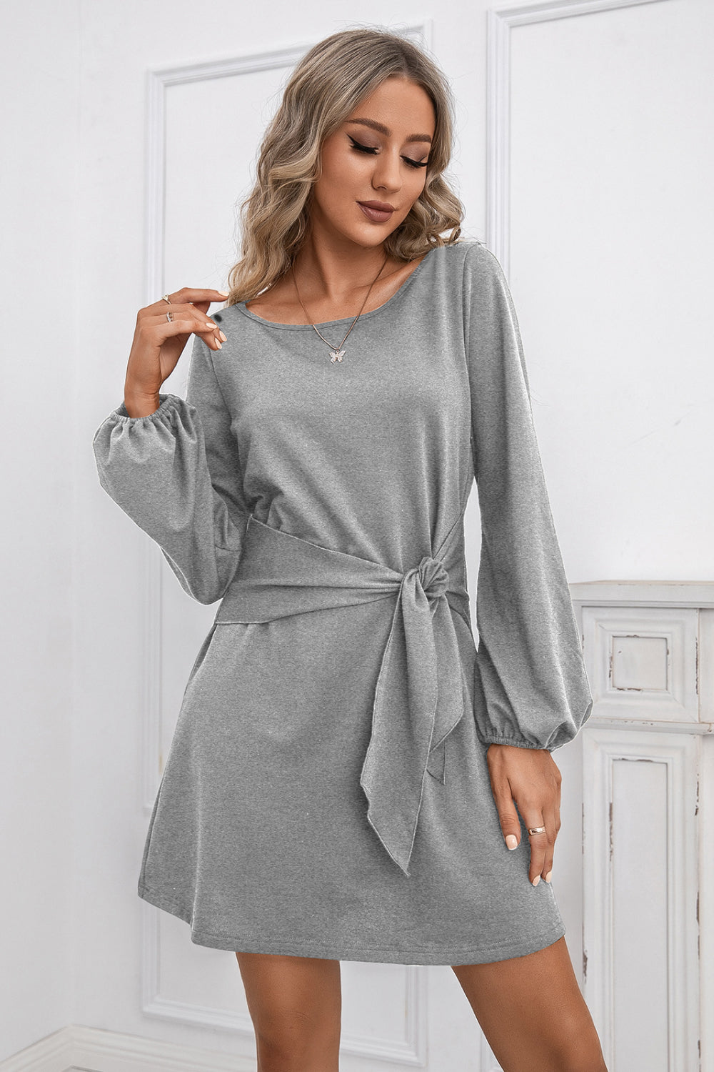 Balloon Sleeve Knot Waist Dress - Absolute Fashion 2020