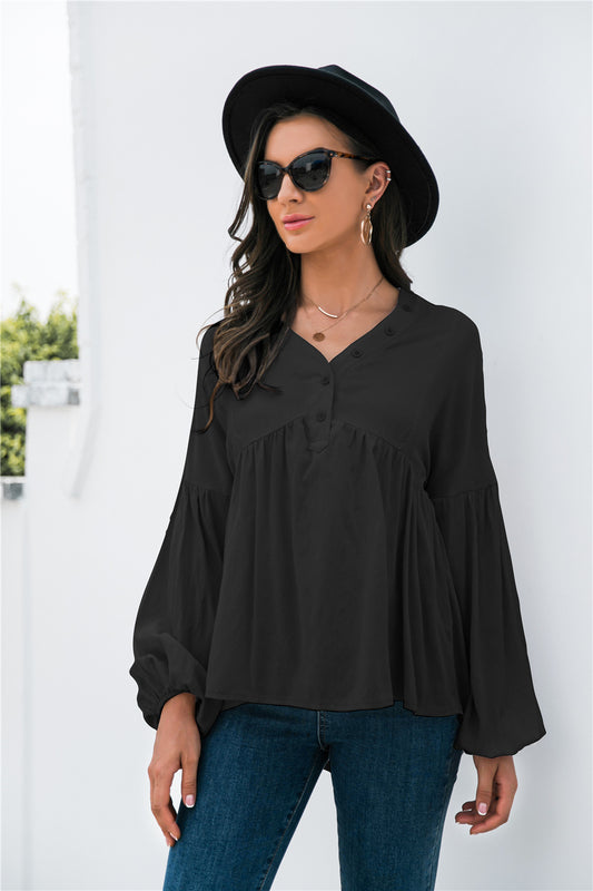 Button Detail Lantern Sleeve Peplum Top - Absolute Fashion 2020