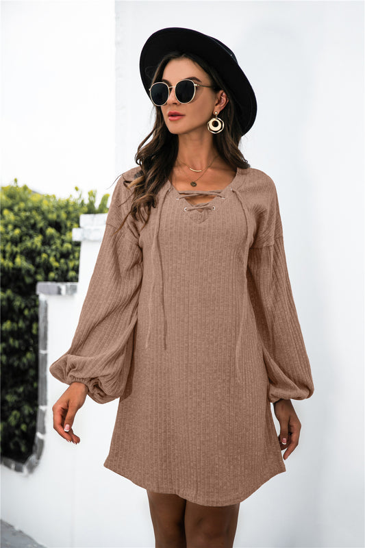 Balloon Sleeve Crisscross Detail Knit Dress - Absolute Fashion 2020