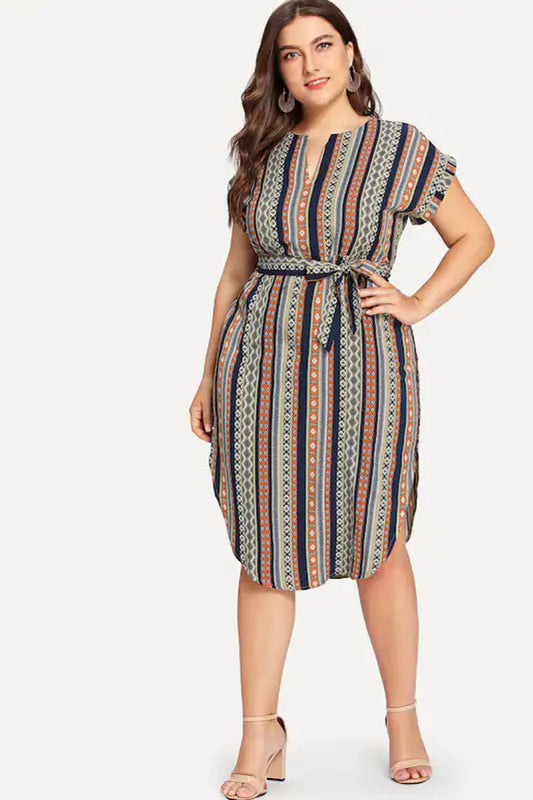 Striped V Neck Short Sleeve Belted Dress - Absolute Fashion 2020