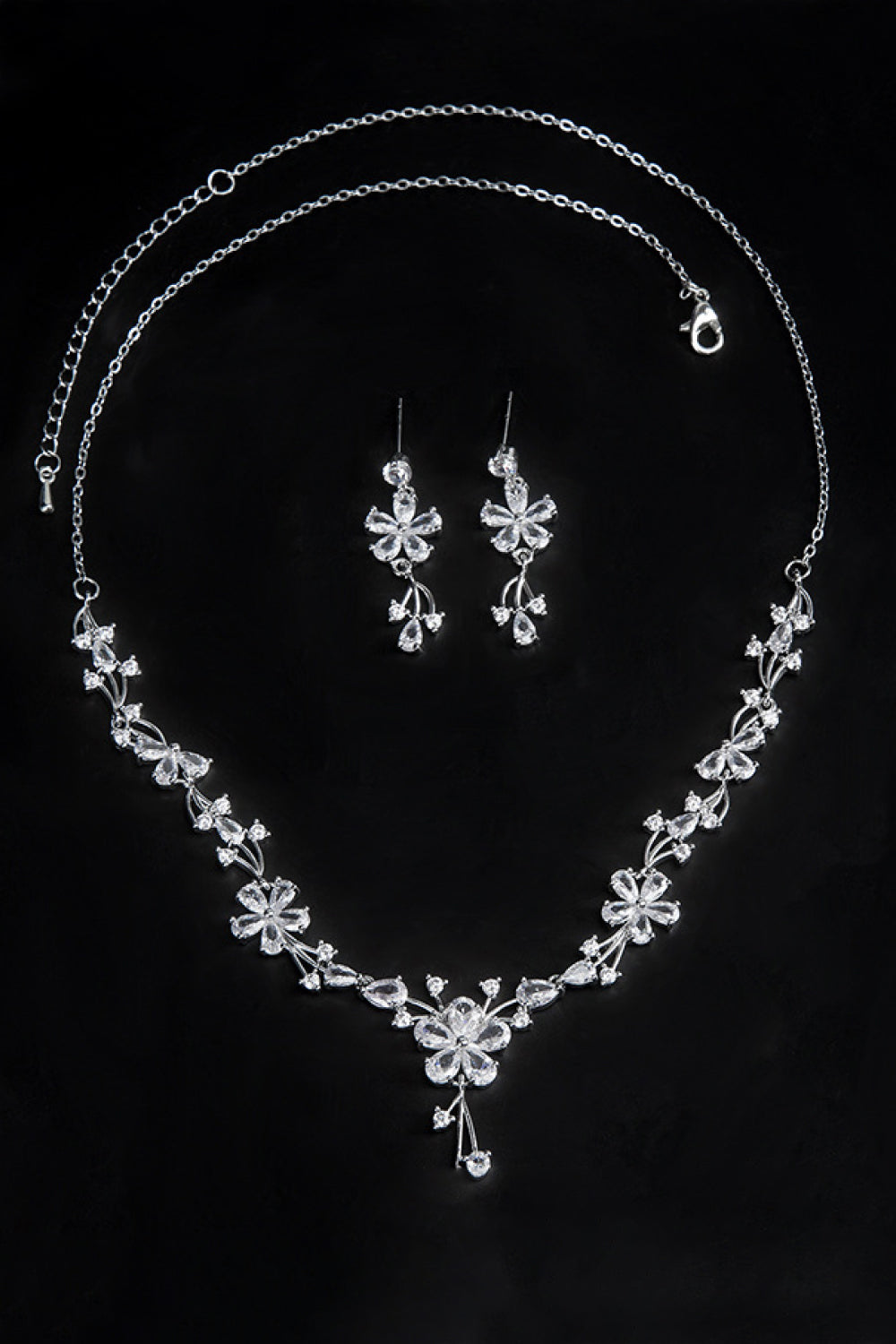 Flower Cubic Zirconia Necklace and Drop Earrings Set