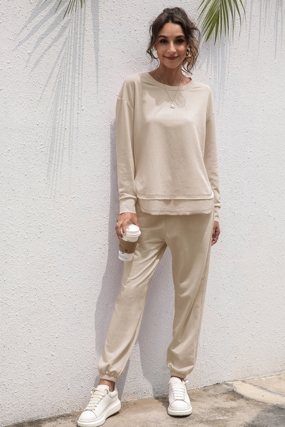 Double Hem Long Sleeve Top and Joggers Set - Absolute Fashion 2020