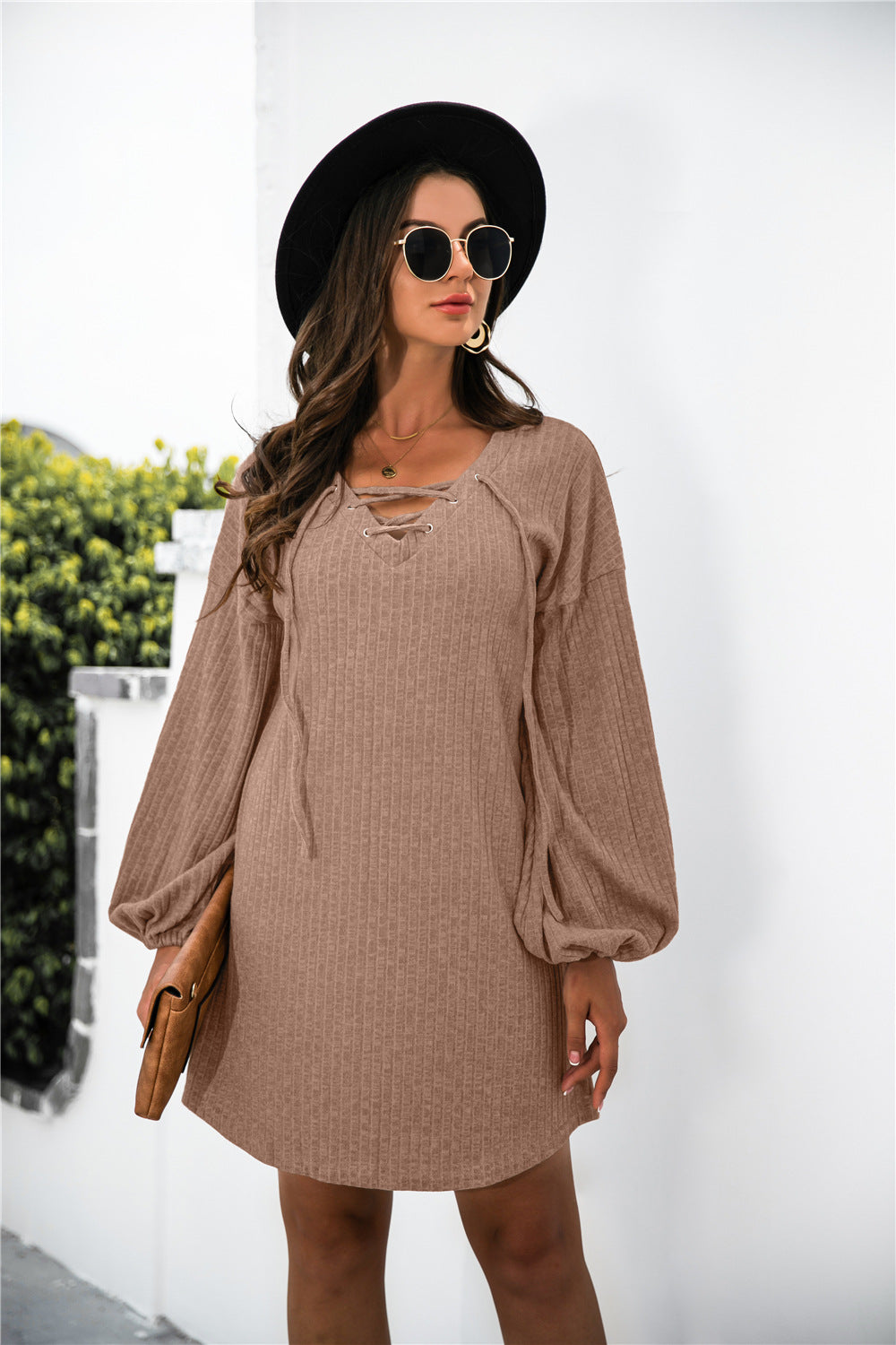 Balloon Sleeve Crisscross Detail Knit Dress - Absolute Fashion 2020