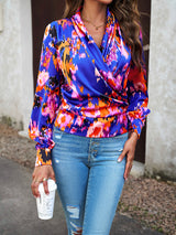 Printed Surplice Neck Long Sleeve Blouse