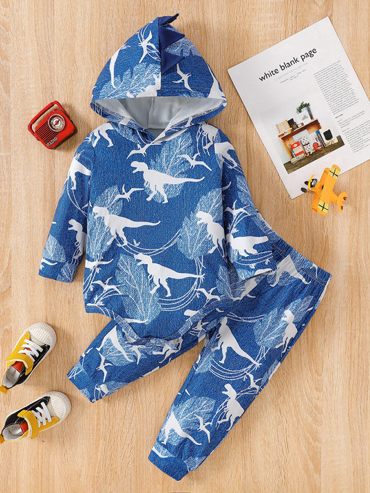 Baby Boy Dinosaur Print Hooded Onesie and Pants Set
