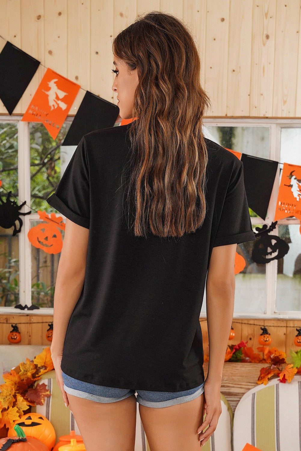 Halloween Leopard Pumpkin Graphic Cuffed Tee