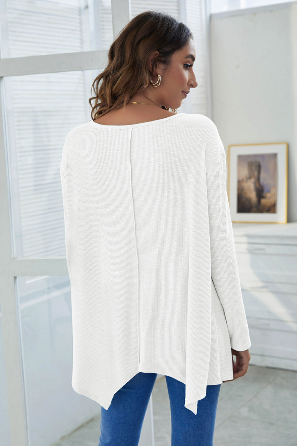 V-Neck  Asymmetrical Hem Long Sleeve Top