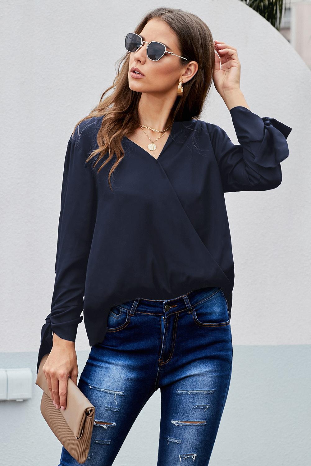 V Neck Ruched Tie Sleeve Top - Absolute Fashion 2020