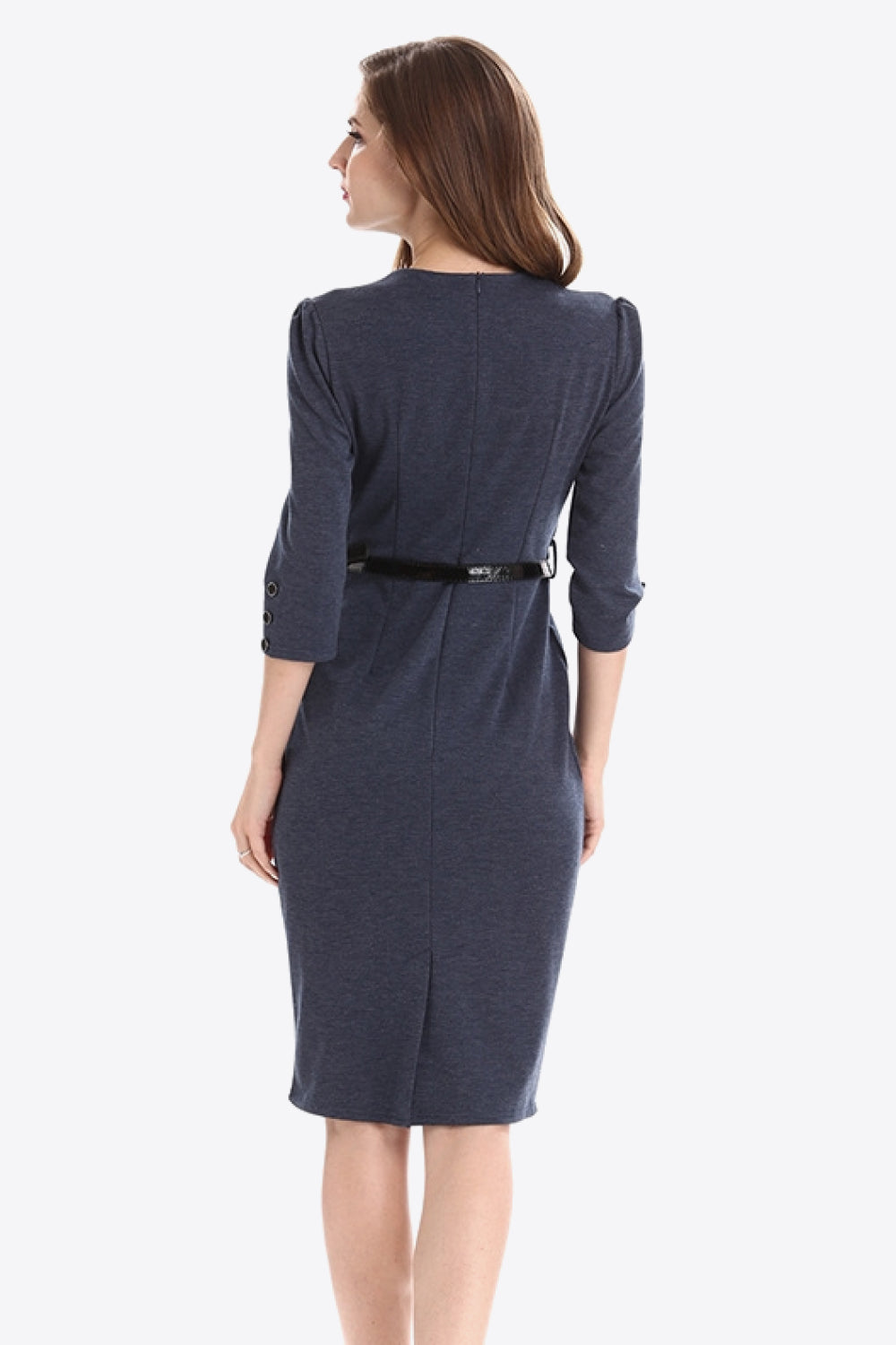 Full Size Decorative Button Puff Sleeve Notched Neck Dress