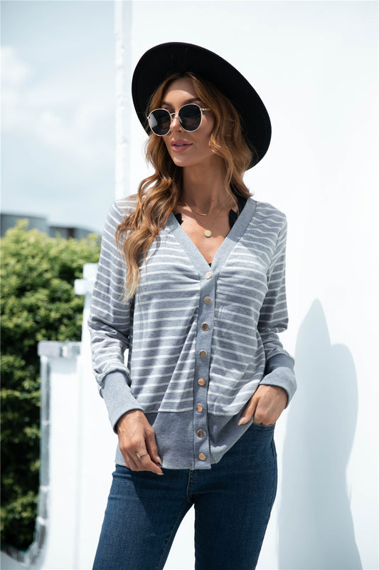 Striped Button Up V-neck Cardigan - Absolute Fashion 2020