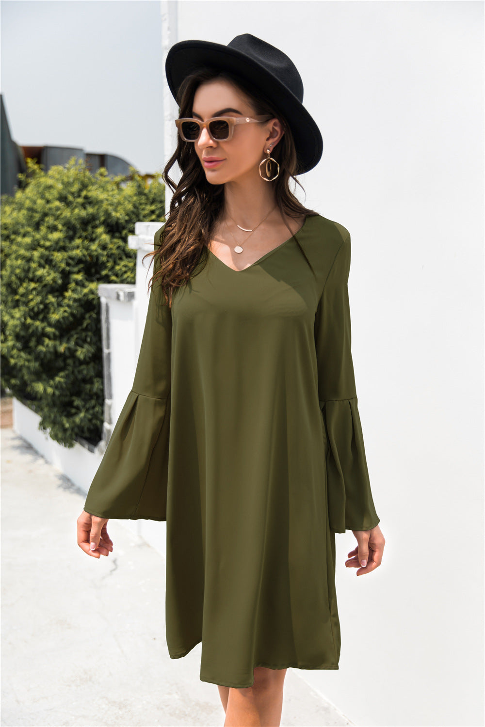Trumpet Sleeve V Neck Dress - Absolute Fashion 2020