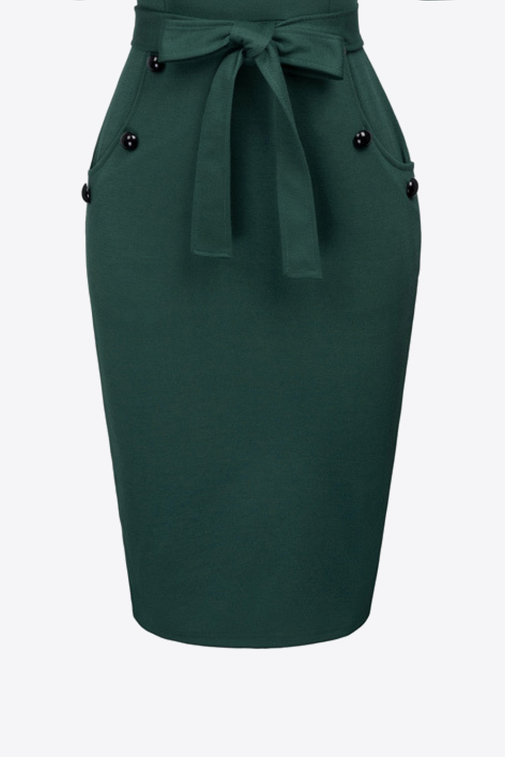Decorative Button Belted Zip-Back Slit Dress