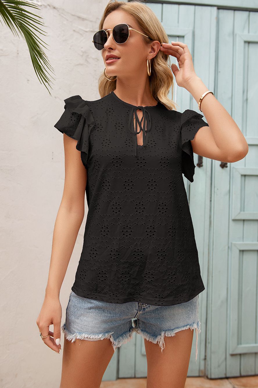 Eyelet Embroidery Tie-Neck Top - Absolute Fashion 2020