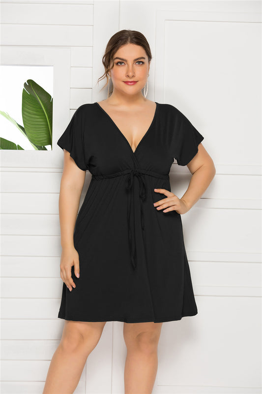 Drawstring Waist Surplice Short Sleeve Dress
