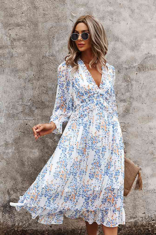 Ditsy Floral Deep V Ruffle Hem Dress - Absolute Fashion 2020