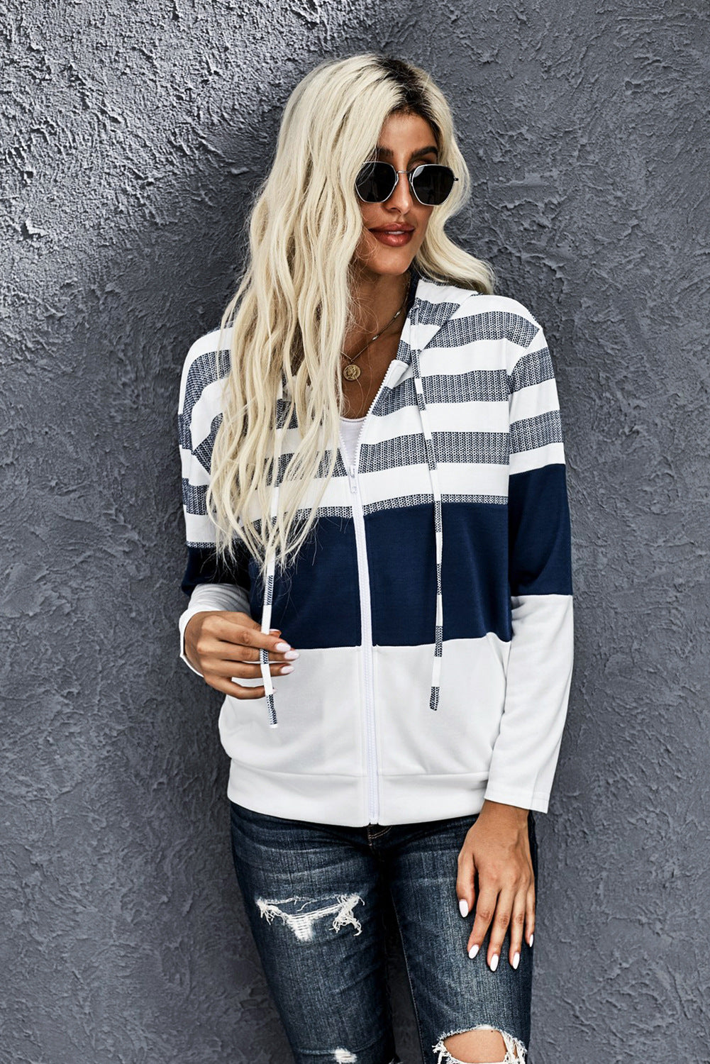 Colorblock Striped Zipper Up Hoodie - Absolute Fashion 2020
