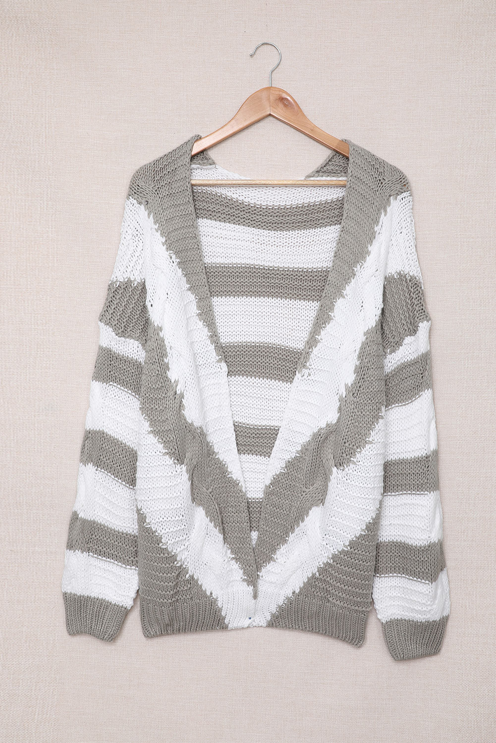 Two-Tone Striped Open Front Ribbed Trim Cardigan