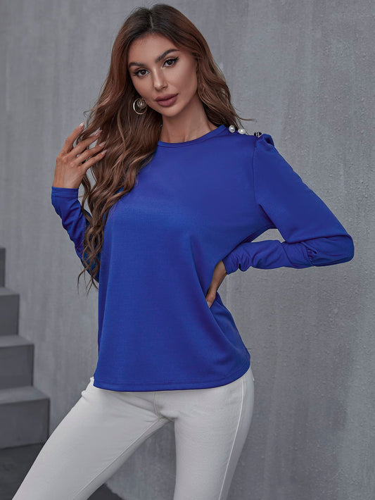 Decorative Button Lantern Sleeve Crewneck Top