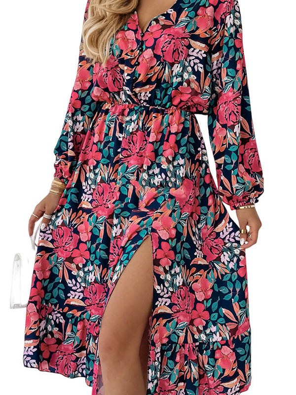 Printed Long Sleeve Slit Dress - Absolute fashion 2020