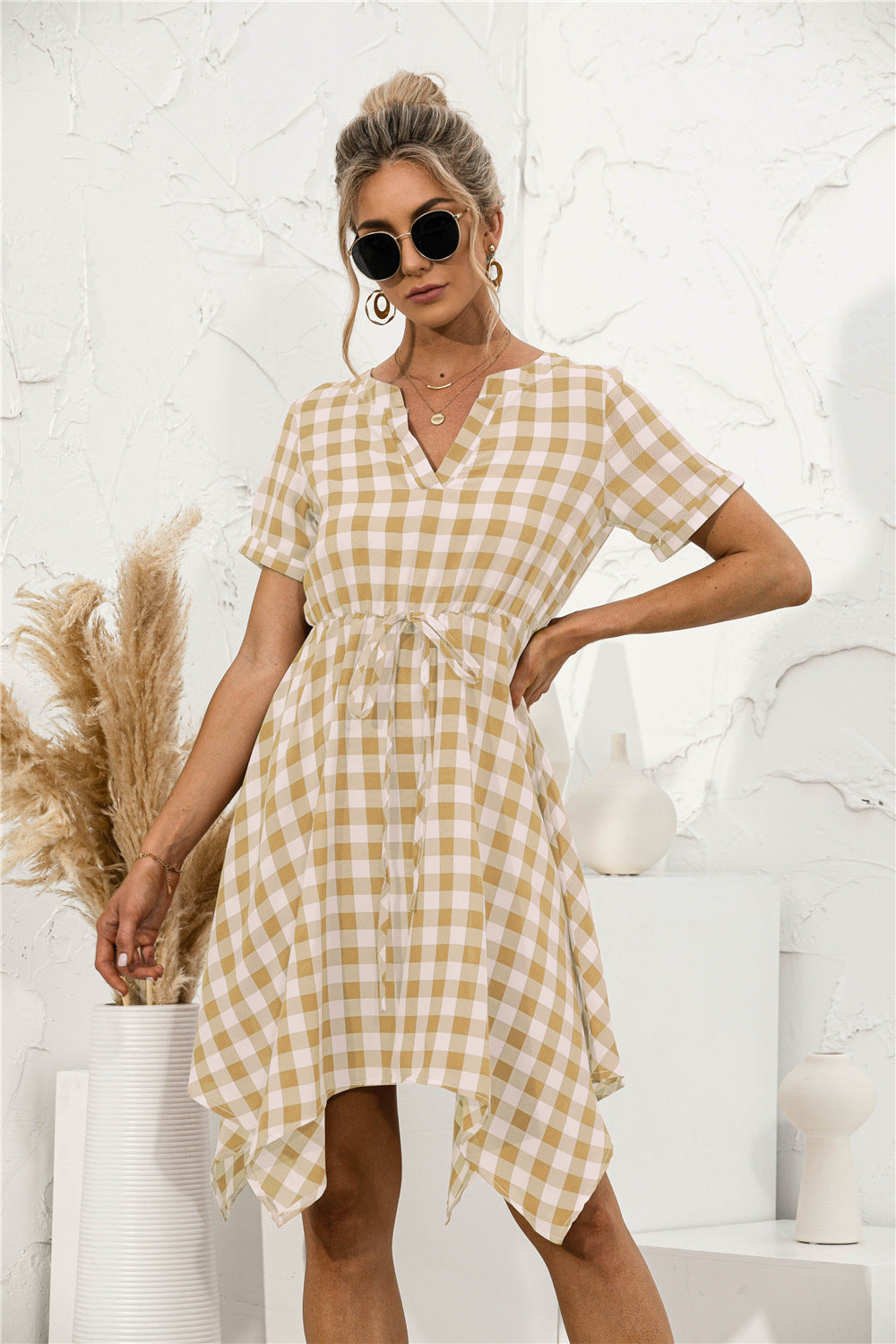 Plaid V-Neck Asymmetrical Trim Dress - Absolute Fashion 2020