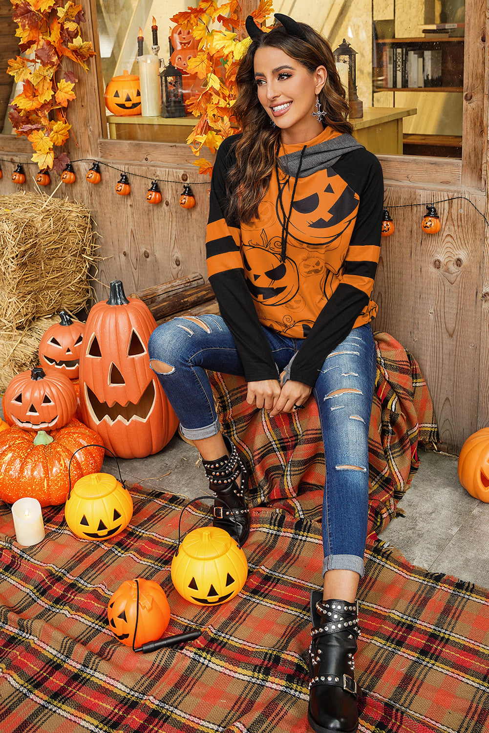 Halloween Pumpkin Print Double Hoods Sweatshirt - Absolute Fashion 2020