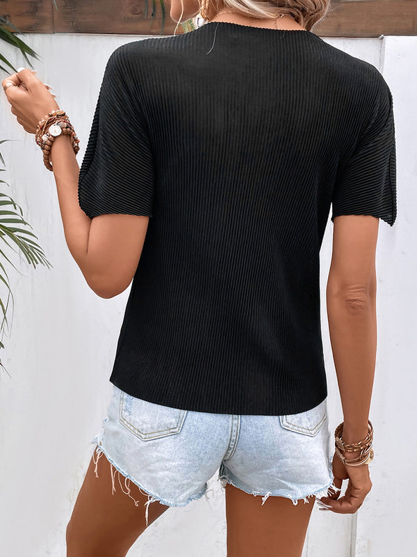 Ribbed Round Neck Short Sleeve T-Shirt