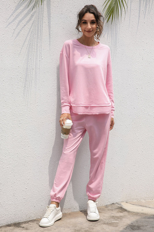 Double Hem Long Sleeve Top and Joggers Set - Absolute Fashion 2020