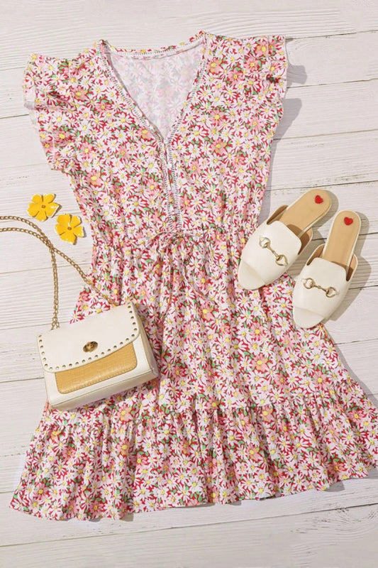 Floral V Neck Tie Waist Pleated Dress - Absolute Fashion 2020