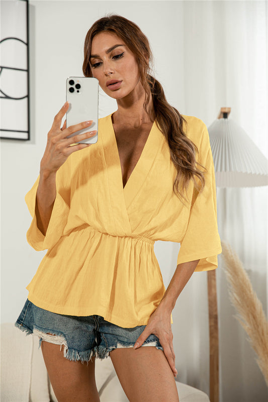 Surplice Neck Elastic Waist Top - Absolute Fashion 2020