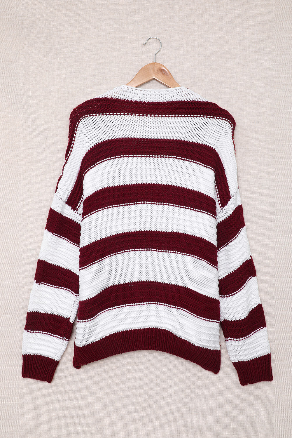Two-Tone Striped Open Front Ribbed Trim Cardigan
