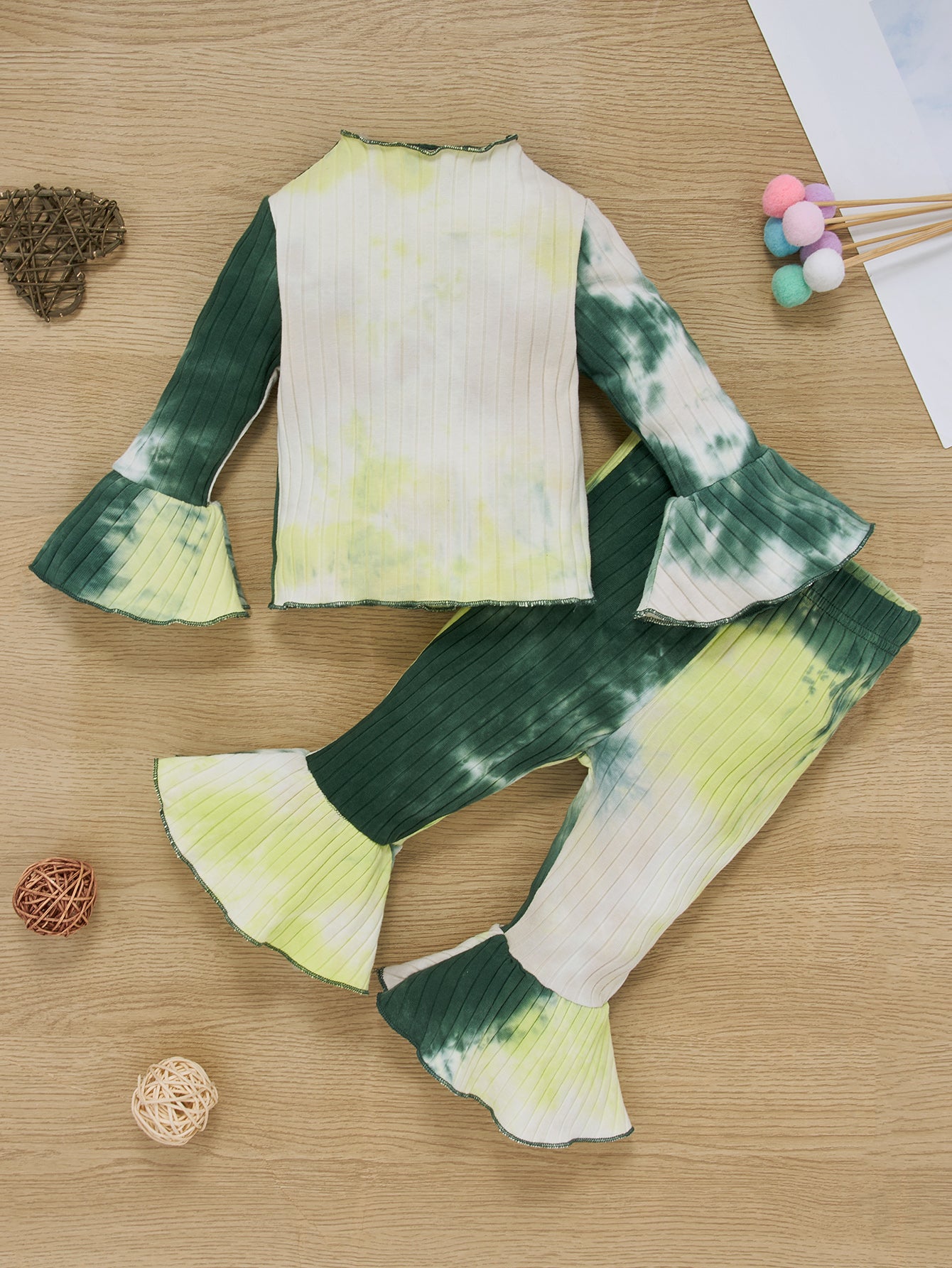 Baby Girl Tie-Dye Ribbed Bell Sleeve Top and Bell Bottoms Set