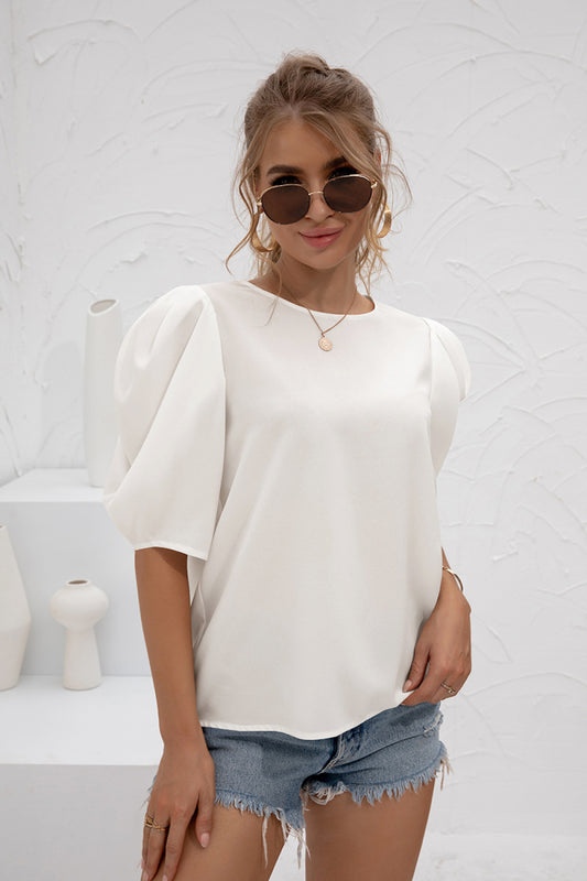 Puff Sleeve Round Neck Chiffon Top - Absolute Fashion 2020