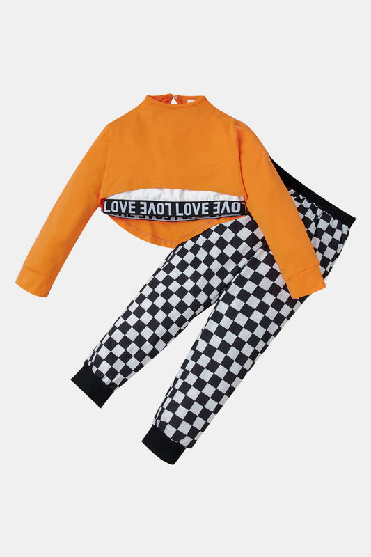Girls Solid Top & Vest and Plaid Pants Set