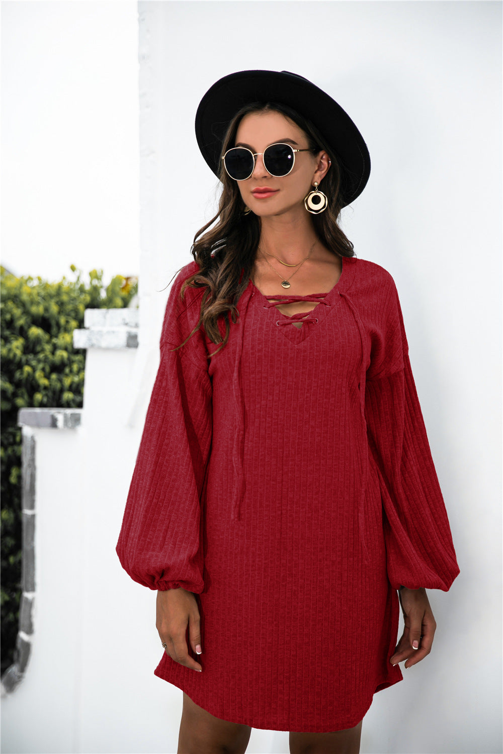 Balloon Sleeve Crisscross Detail Knit Dress - Absolute Fashion 2020